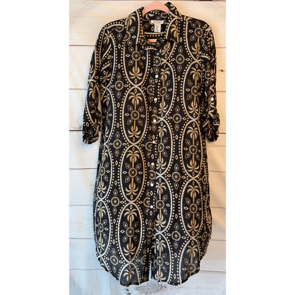 Haute Hippie Style Black Tan Medallion Palm Tree Cotton Button Down Dress XS